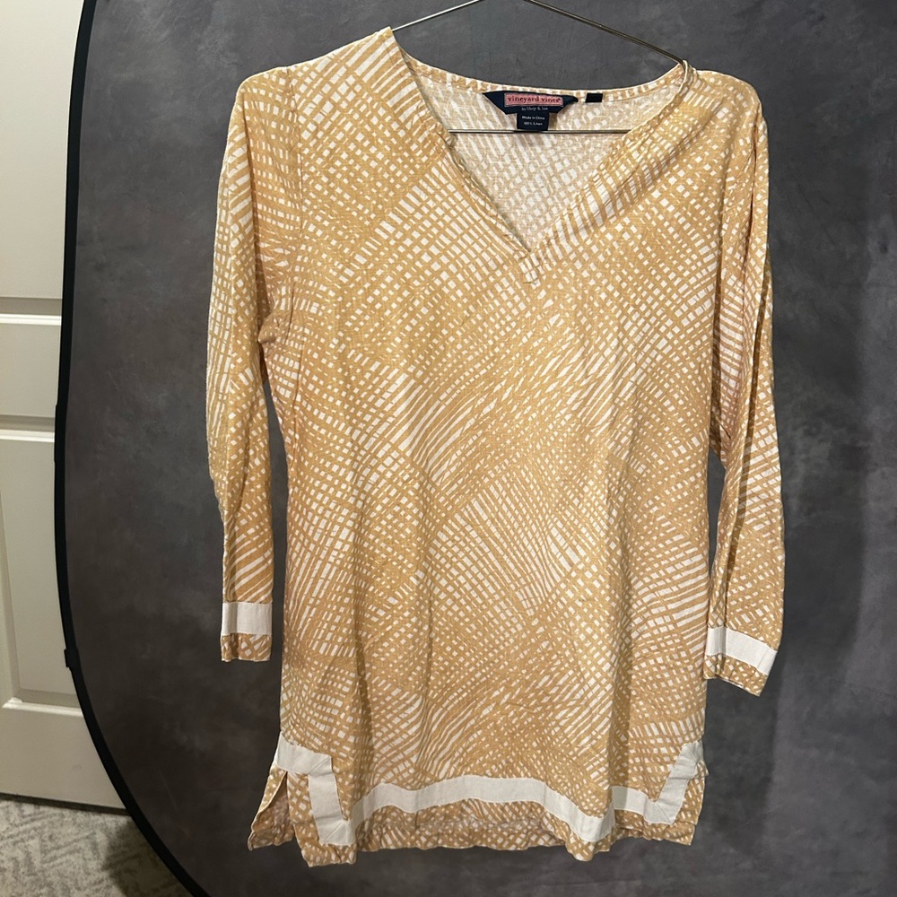 Vineyard Vines 100% Linen Mustard and White V-Neck Tunic Top Small